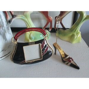 Small Enamel Purse Metal Rhinestone Picture Frame Shoe Holder Set Black Red Gold